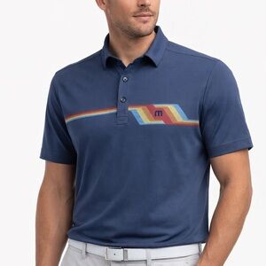 Travis Mathew Men’s Medium Polo Shirt Navy Rainbow Stripe Golf Casual Retro